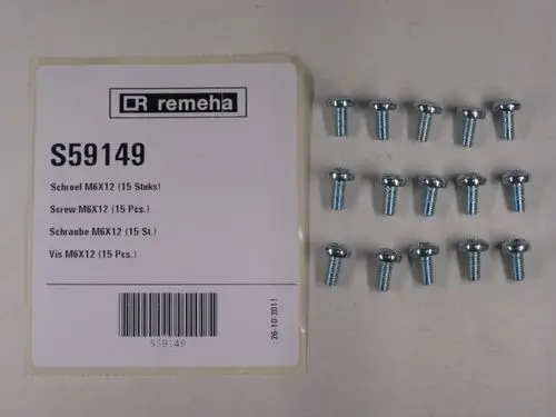 Packung mit 15 Schrauben von Remeha, auf einem weißen Untergrund angeordnet, neben einem Etikett mit Artikelnummer und Beschreibung.